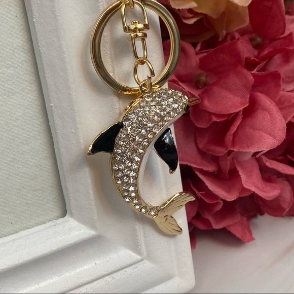 Black White & Gold Crystal Dolphin Charm Keychain - Picture 10 of 16